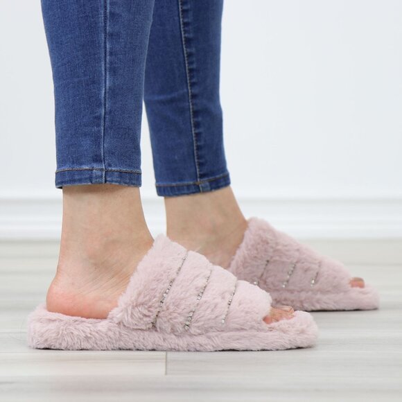 Pink Puff Fuzzy Furry Fluffy Slip On Plush Slippers Diamond Accents - Picture 9 of 16